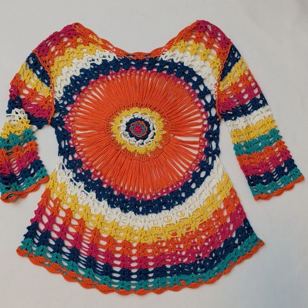 Colorful Rainbow Crochet Swim Cover-Up Fits Small/Medium - Picture 3 of 3